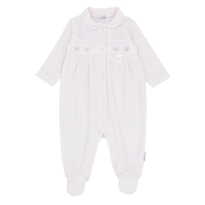 Blues Baby Unisex White Velour All In One Smocked Teddy Bear Babygrow Sleepsuit - BB2066W