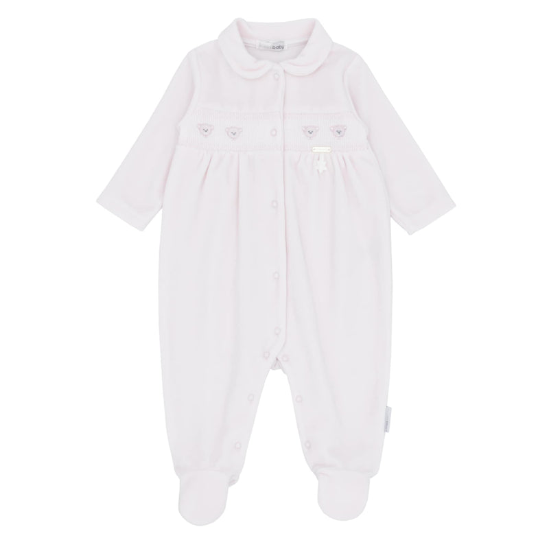 Blues Baby Unisex White Velour All In One Smocked Teddy Bear Babygrow Sleepsuit - BB2066W
