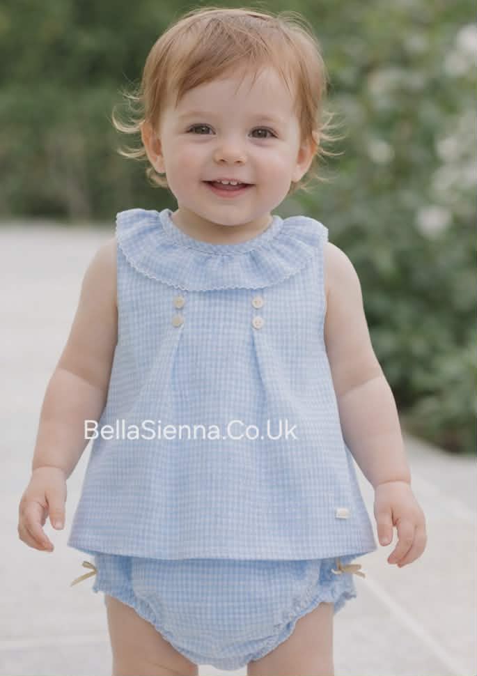 Yoedu Girls Blue & White Gingham Two Piece Set - 1809