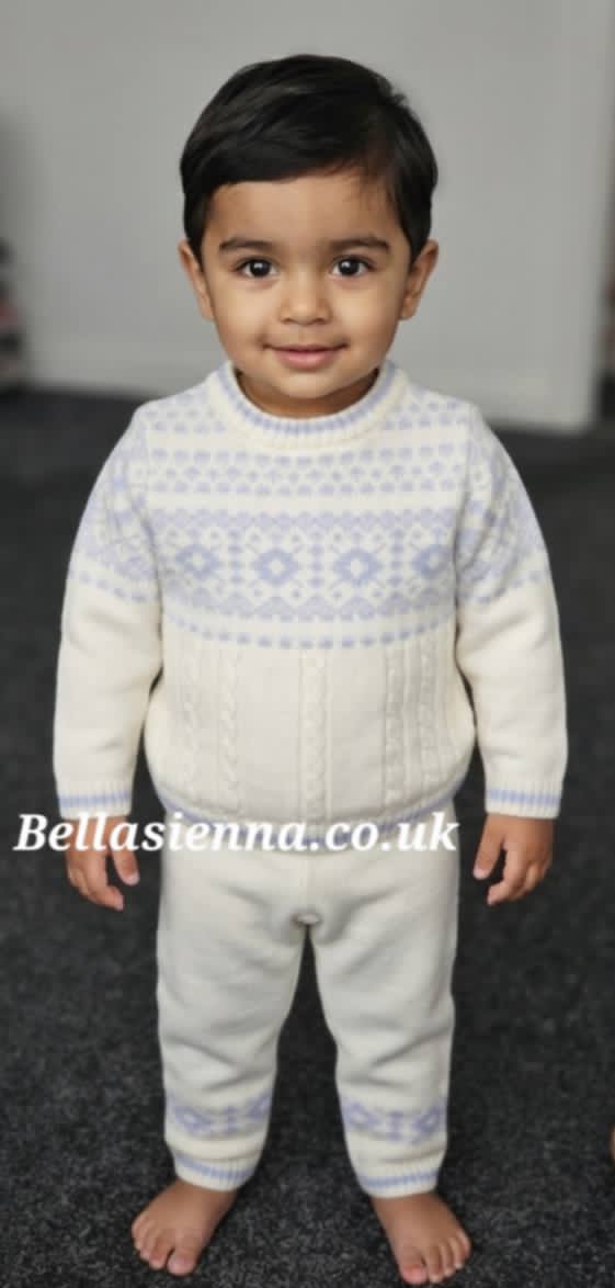 Sarah Louise Boys Winter Knitted Ivory & Blue Two Piece Jumper & Trouser Set - 008270