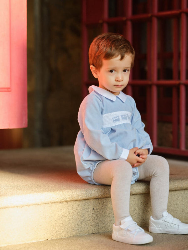 Deolinda "BRIAN" Blue Corduroy Smocked Train Romper - DBI25513