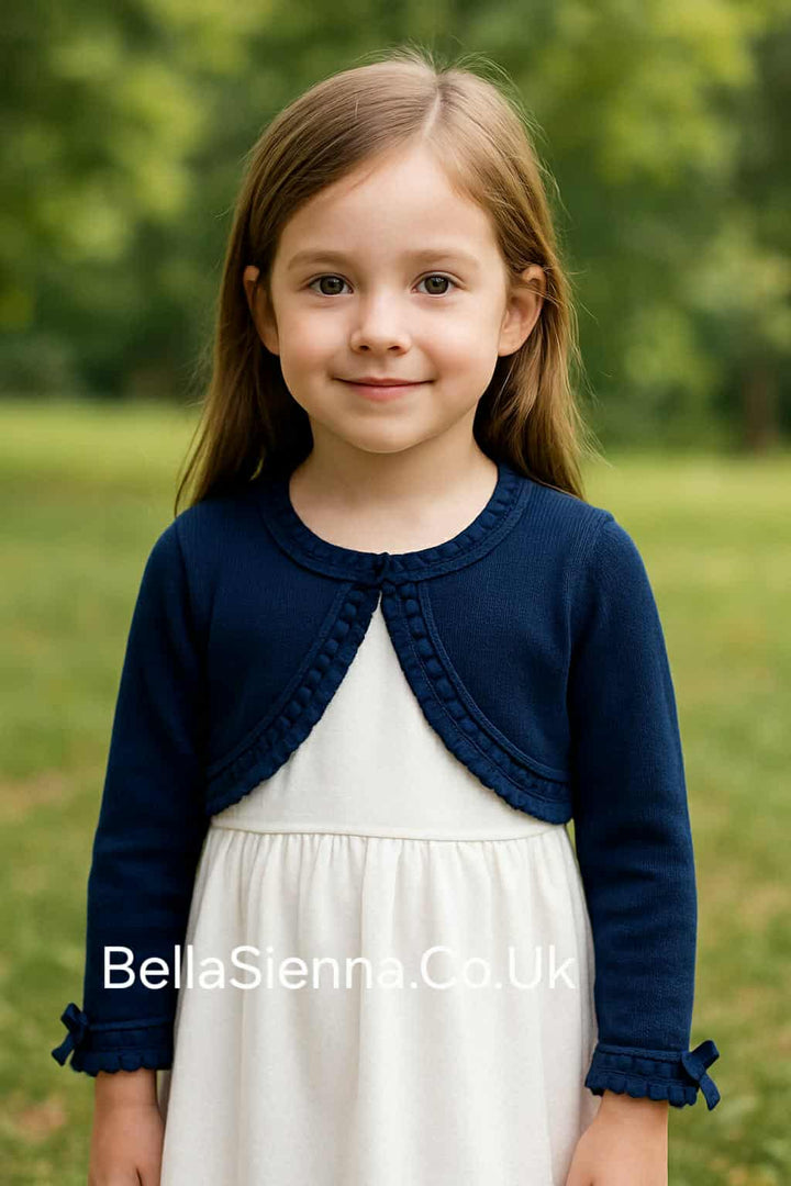 Pretty Originals Girls Navy Cotton Cropped Bow Cardigan
