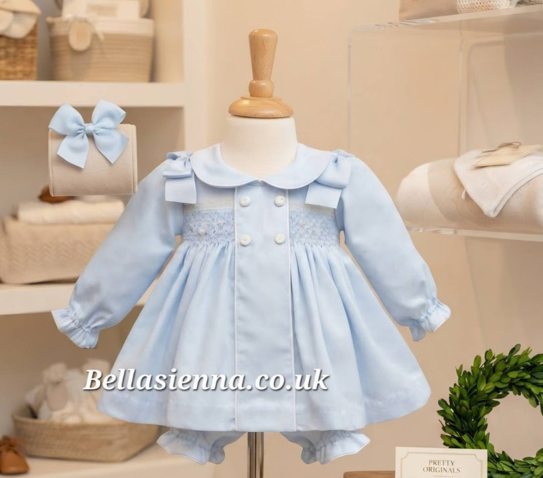 Pretty Originals Pale Blue Smocked Dress, Bloomers & Headband Set - MT02366