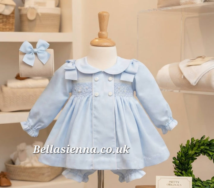 Pretty Originals Pale Blue Smocked Dress, Bloomers & Headband Set - MT02366