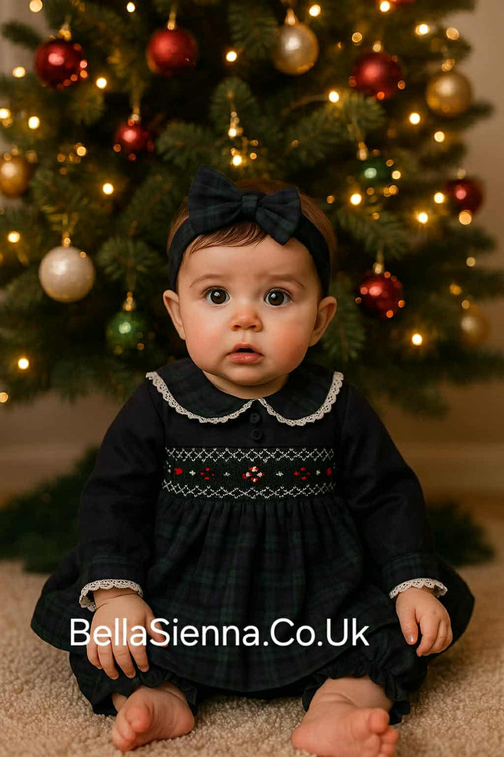 Pretty Originals Navy & Green Check Dress, Bloomers & Headband - MT02329