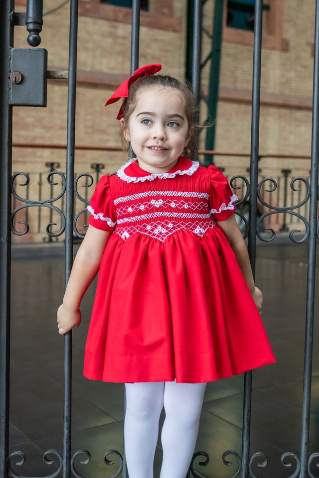 red smocked dress Naxos Red & White Hand Smocked Dress With Bow On The Back
