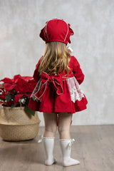 Abuela Tata Red & Cream Baby Dress, Pants & Bonnet Set - 1299345