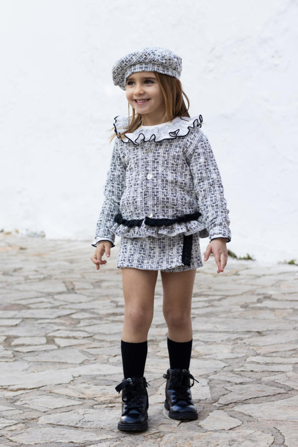 Calamaro Girls Black & White Tweed Skort, Blouse & Jacket Set - 11259