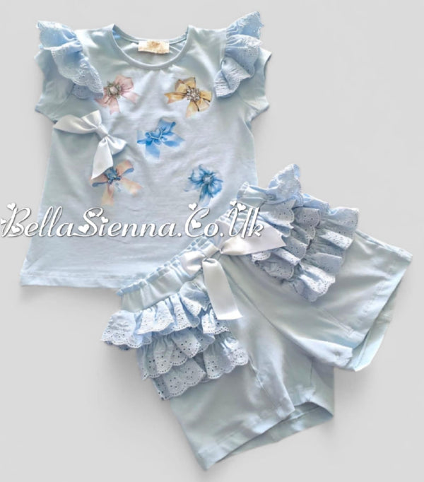 Pink "Bow" Anglaise Frilly Shorts Set - S215