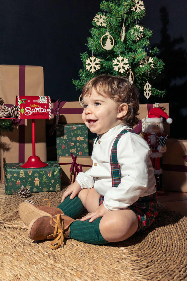 Calamaro Boys Red & Green Tartan Shirt & Dungaree Set - 11246