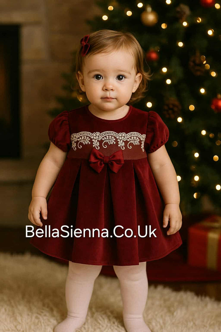 Calamaro Girls Burgundy Velvet Dress With Lace Detail & Bow - 21314