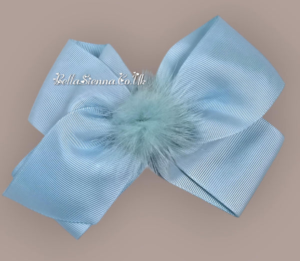 Bowtique London 4 Inch Blue Grosgrain Medium Size Hair Bow With Fur Pom
