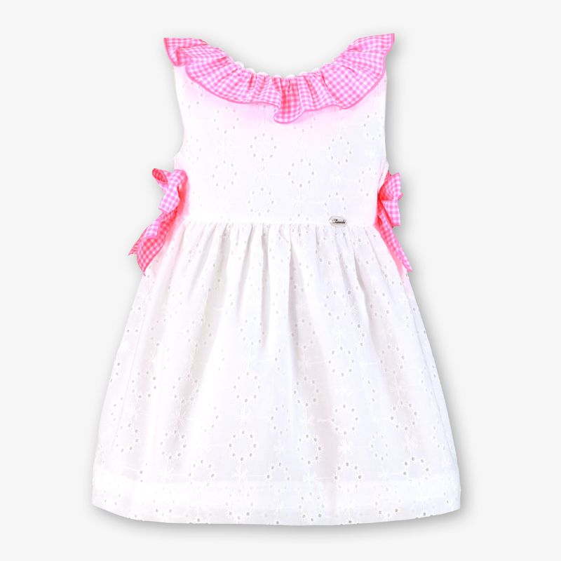 Miranda Girls White Dress With Bright Pink Bows & Frilly Collar - 0604/V