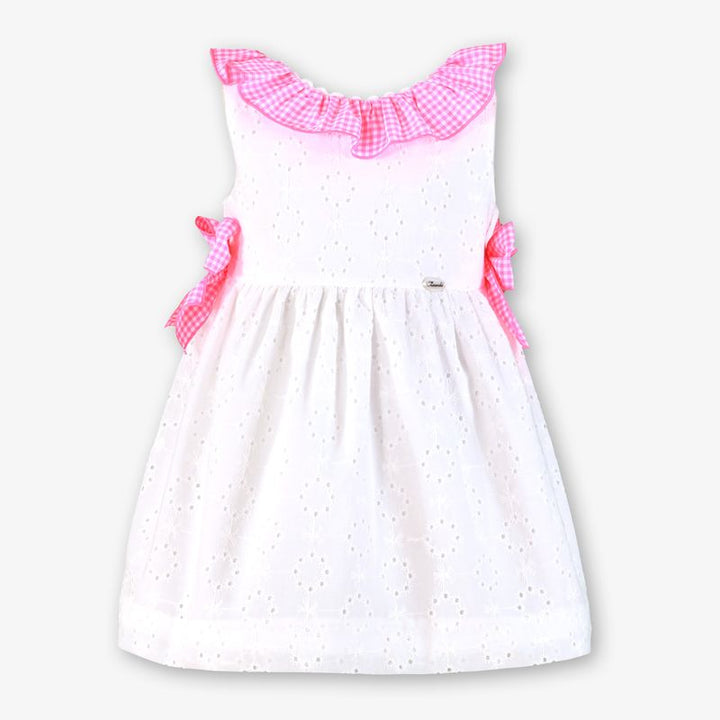 Miranda Girls White Dress With Bright Pink Bows & Frilly Collar - 0604/V