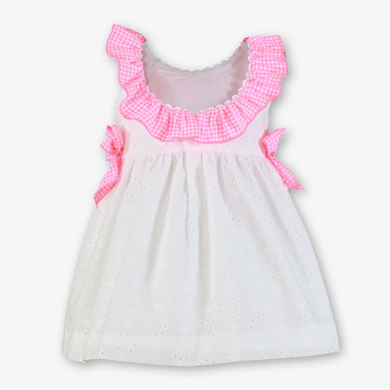 Miranda Girls White Dress With Bright Pink Bows & Frilly Collar - 0604/V