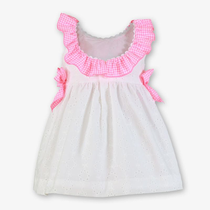 Miranda Girls White Dress With Bright Pink Bows & Frilly Collar - 0604/V