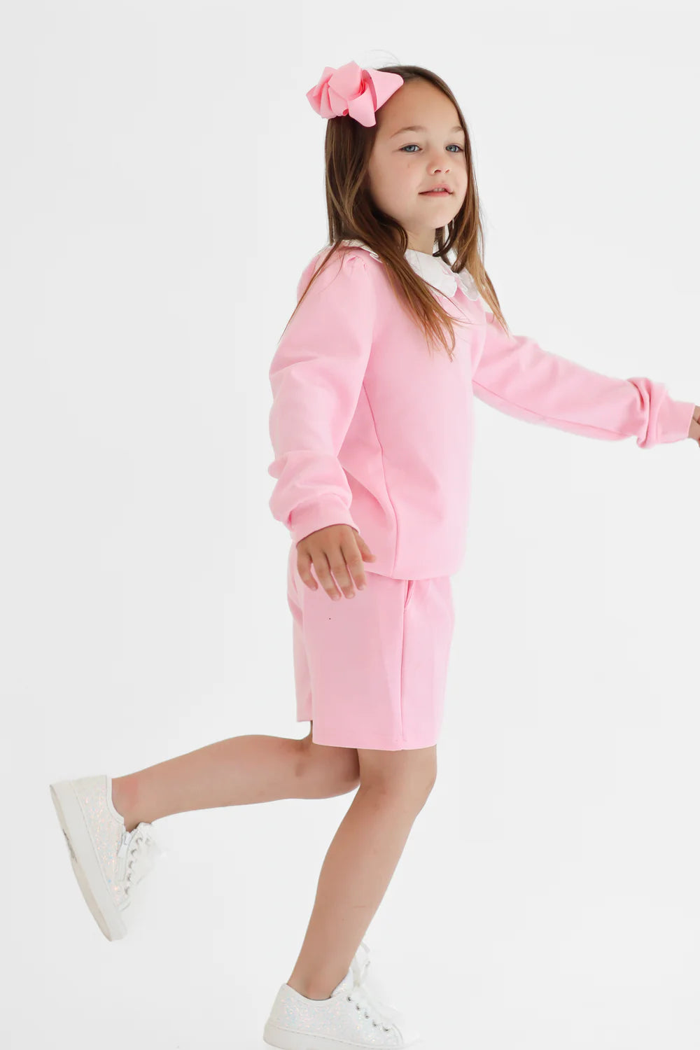 Harris Kids "Emily" Girls Frilly Collar Jumper & Shorts Set - Pink