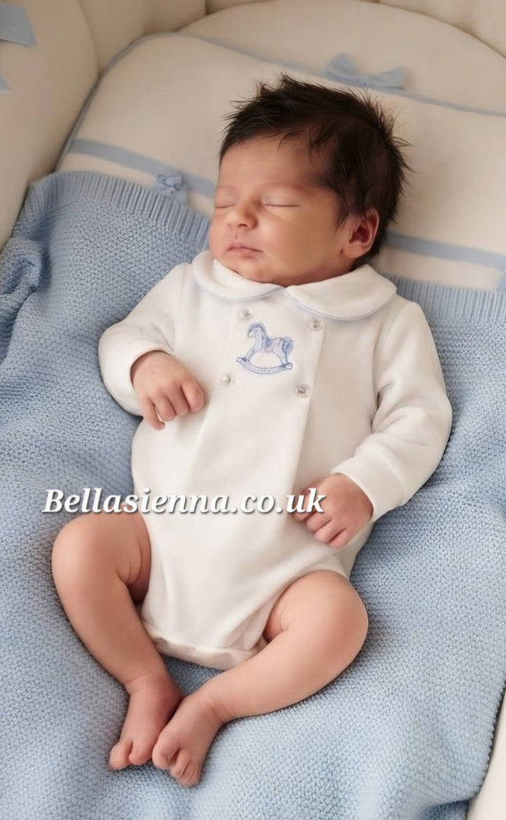 White & Blue Rocking Horse Velour Romper - "George"