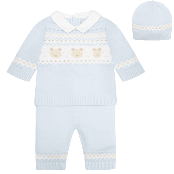 Emile et Rose Baby Blue Three Piece Teddy Bear Knitted Baby Set With Matching Hat - Kipling