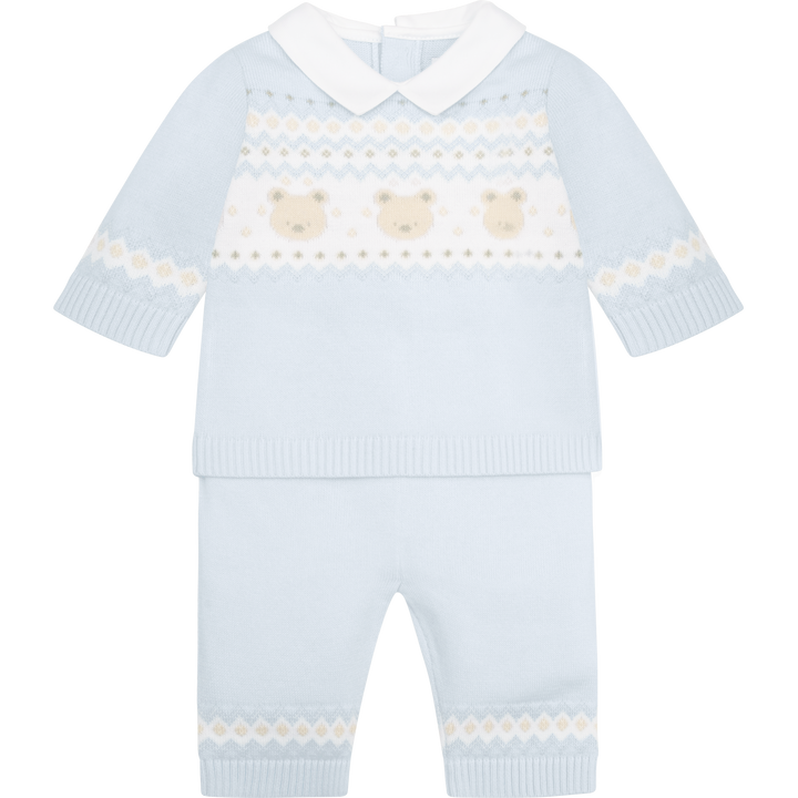 Emile et Rose Baby Blue Three Piece Teddy Bear Knitted Baby Set With Matching Hat - Kipling