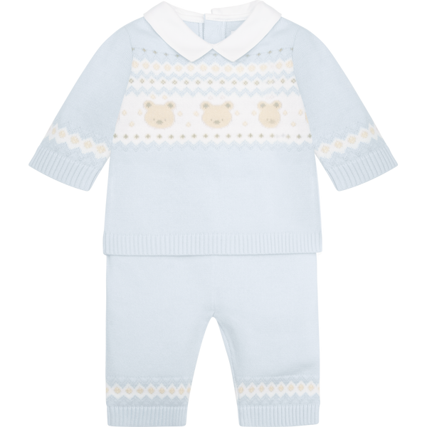 Emile et Rose Baby Blue Three Piece Teddy Bear Knitted Baby Set With Matching Hat - Kipling