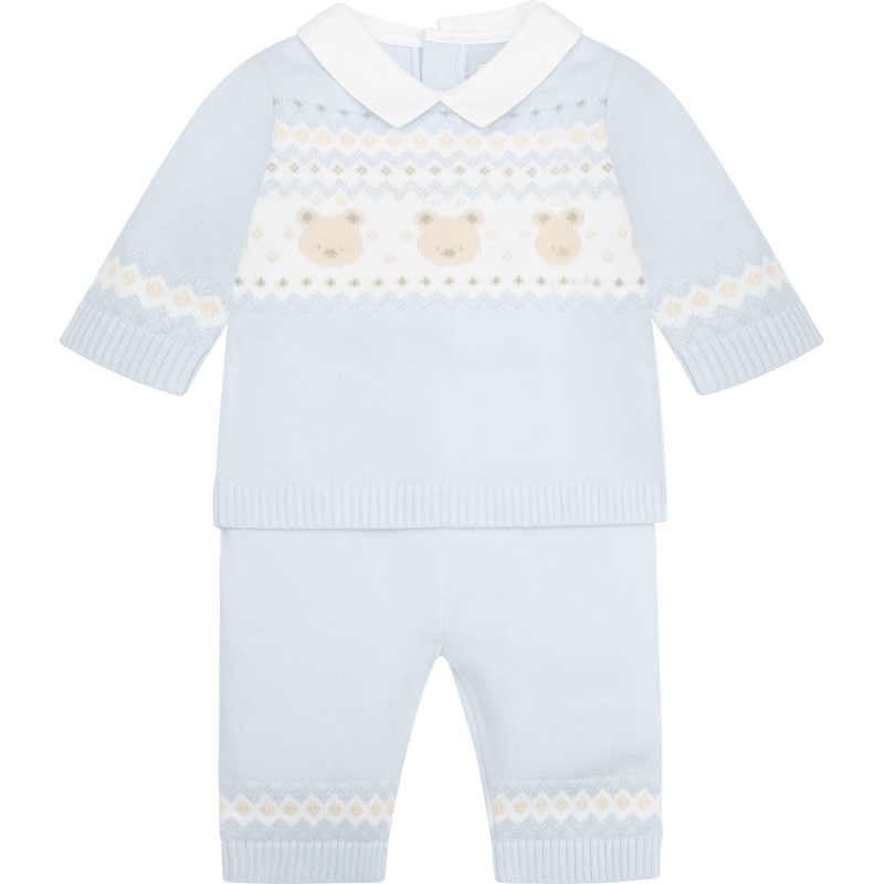 Emile et Rose Baby Blue Three Piece Teddy Bear Knitted Baby Set With Matching Hat - Kipling