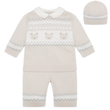 Emile et Rose Beige Three Piece Teddy Bear Knitted Baby Set With Matching Hat - Kipling
