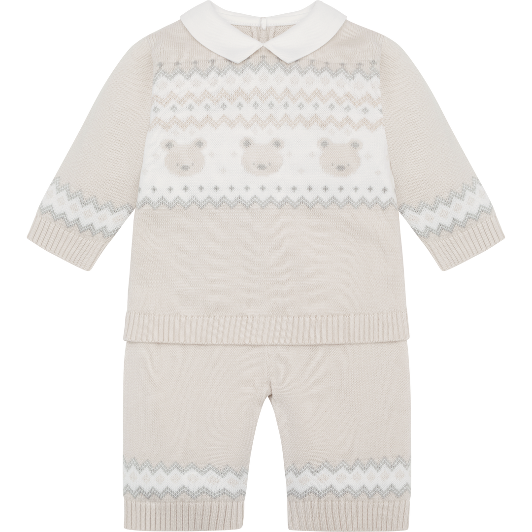 Emile et Rose Beige Three Piece Teddy Bear Knitted Baby Set With Matching Hat - Kipling