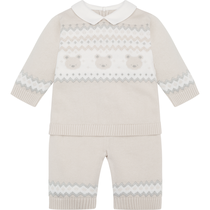 Emile et Rose Beige Three Piece Teddy Bear Knitted Baby Set With Matching Hat - Kipling