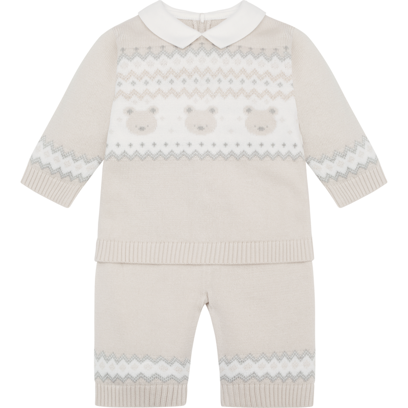 Emile et Rose Beige Three Piece Teddy Bear Knitted Baby Set With Matching Hat - Kipling