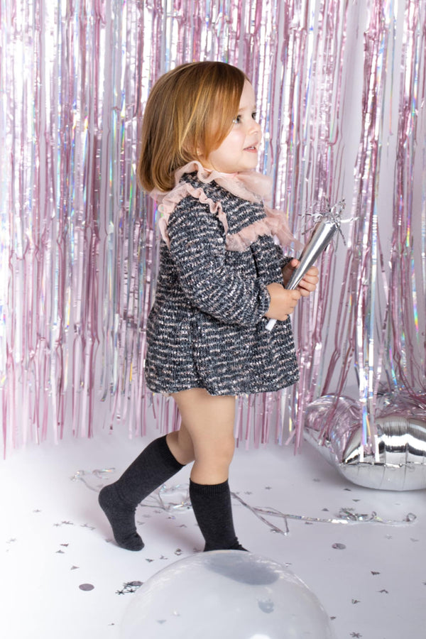 Calamaro Girls Charcoal Grey & Dusky Pink Tweed Dress With Shimmer Pants - 22107