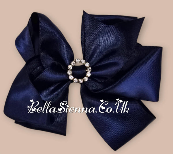 Bowtique London 4 Inch Navy Blue Satin Medium Size Hair Bow With Diamanté Centre