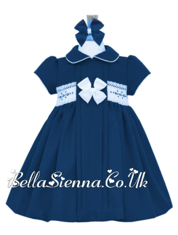 Pretty Originals Navy & Cream Hand Smocked Dress With Hair Bow - MC01408