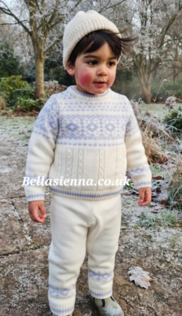 Sarah Louise Boys Winter Knitted Ivory & Blue Two Piece Jumper & Trouser Set - 008270