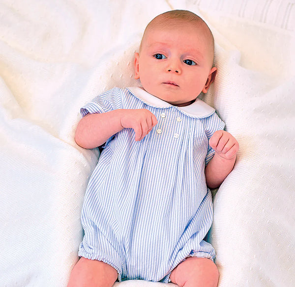 SARAH LOUISE BOYS WHITE AND BLUE STRIPED ROMPER 012646