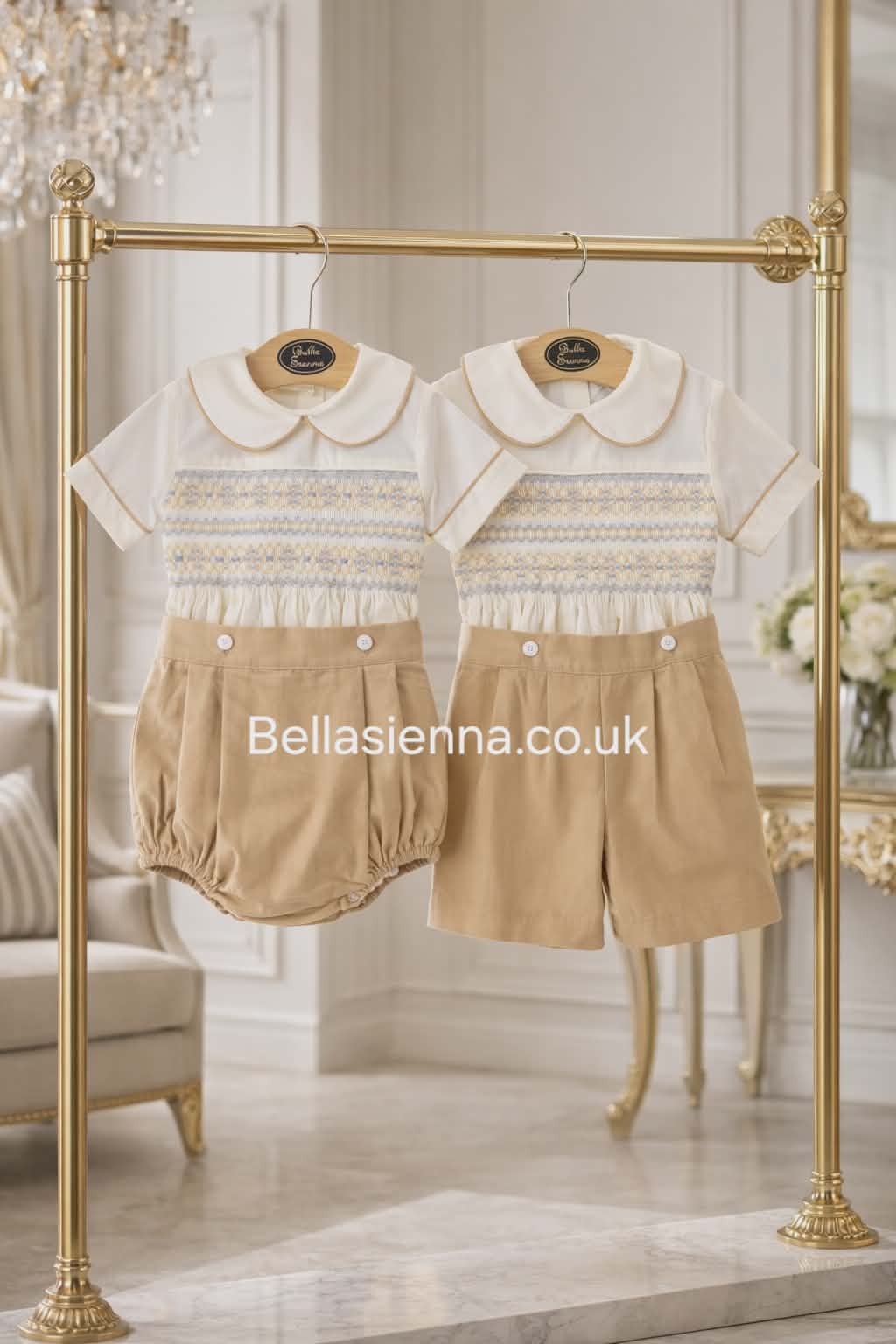 Bella Sienna "EXCLUSIVE" Boys Hand Smocked Beige, Ivory & Blue Two Piece Shirt & Shorts Set