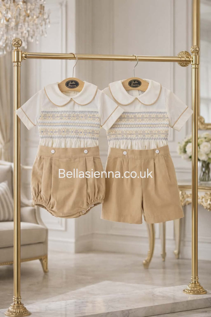 Bella Sienna "EXCLUSIVE" Boys Hand Smocked Beige, Ivory & Blue Two Piece Shirt & Shorts Set
