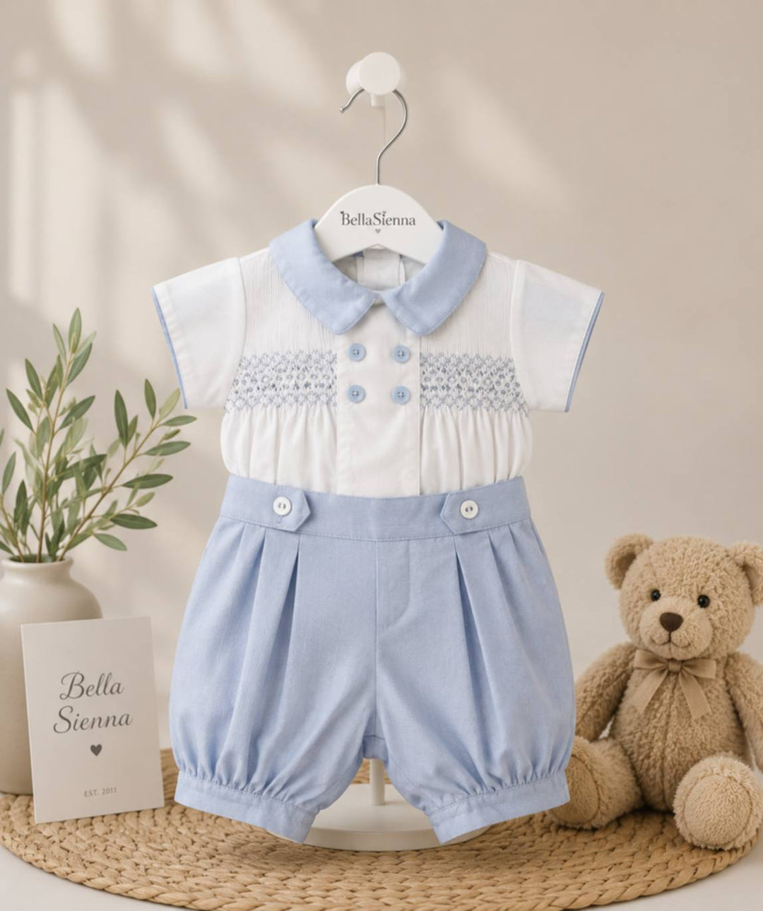 Pretty Originals Blue & White Smocked Boys Outfit  - DL62044
