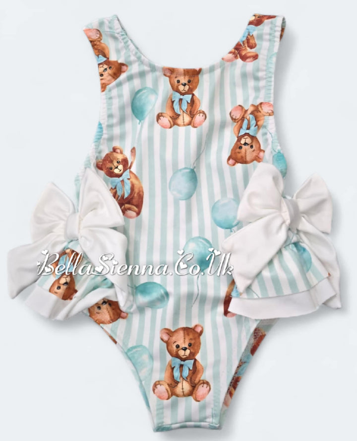 Baby Girls Mint Green "Teddy Bear" Swimsuit With Bows - Swimming Costume