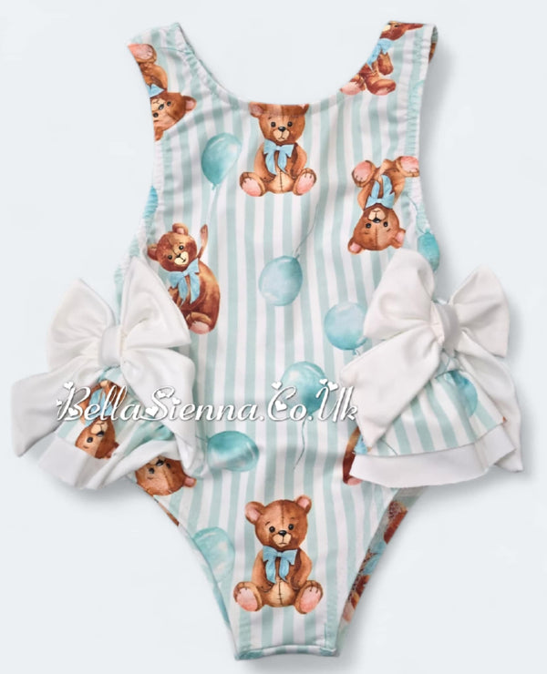 Baby Girls Mint Green "Teddy Bear" Swimsuit With Bows - Swimming Costume