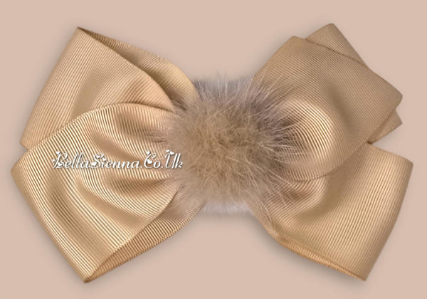 Bowtique London 4 Inch Beige Grosgrain Medium Size Hair Bow With Fur Pom