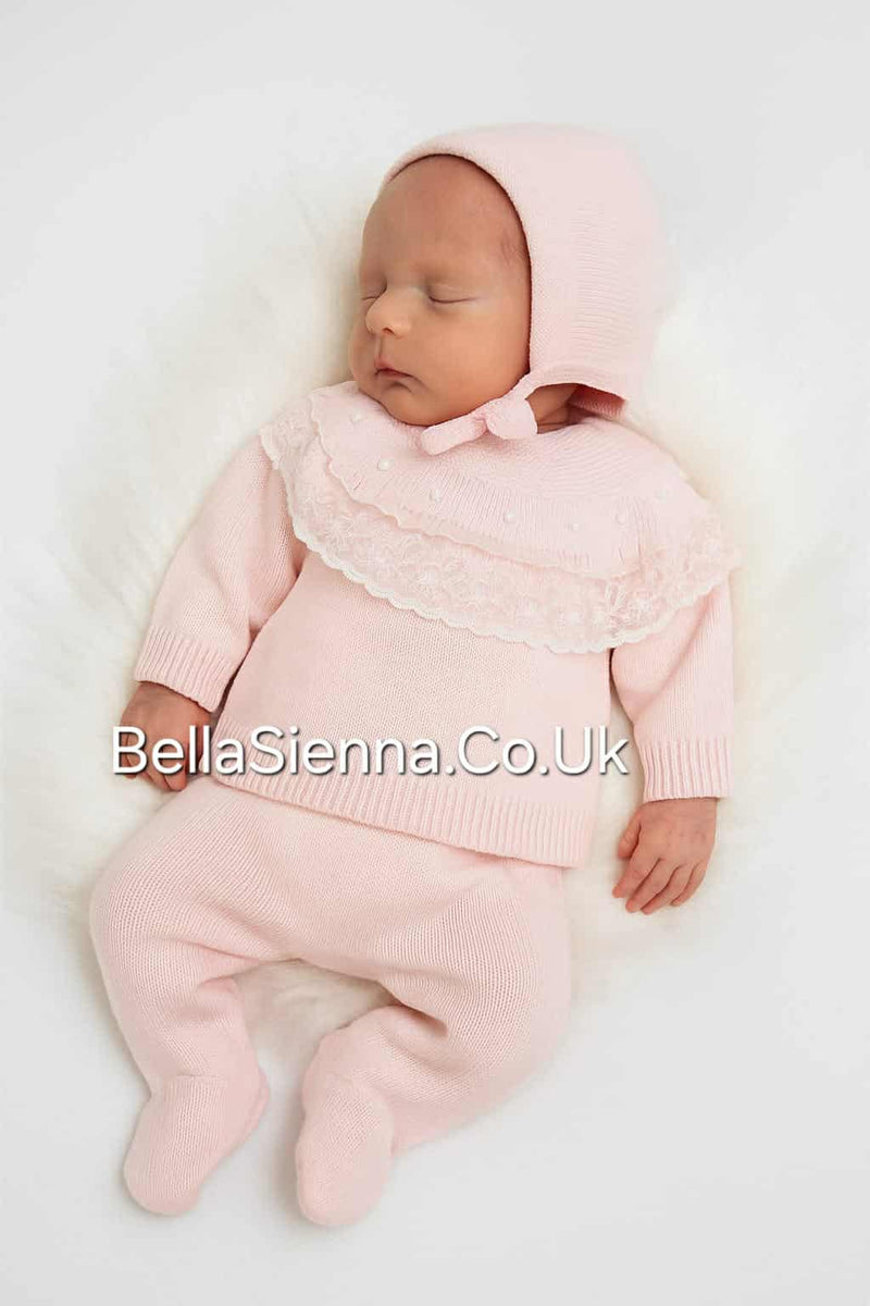 Girls Pink Lace Three Piece Knitted Set With Bonnet - C7019R