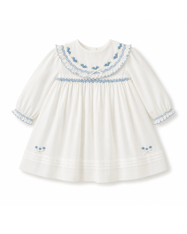 Sarah Louise Girls Ivory & Blue Hand Smocked & Embroidered Long Sleeve Dress - 013977
