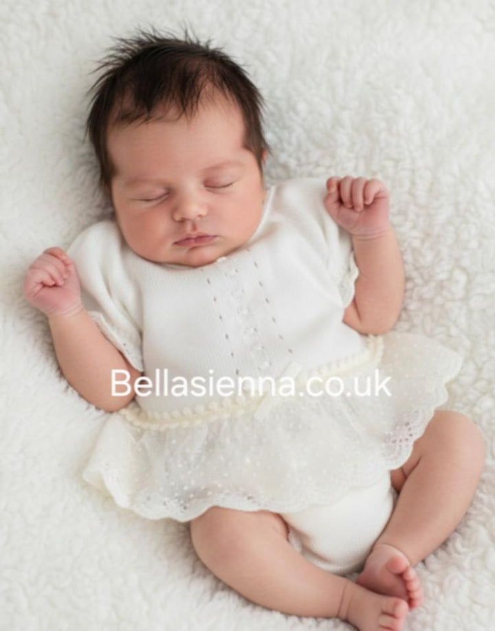 Mac Ilusion Two Piece Baby Girl Ivory Fine Knitted Outfit with lace 7226X