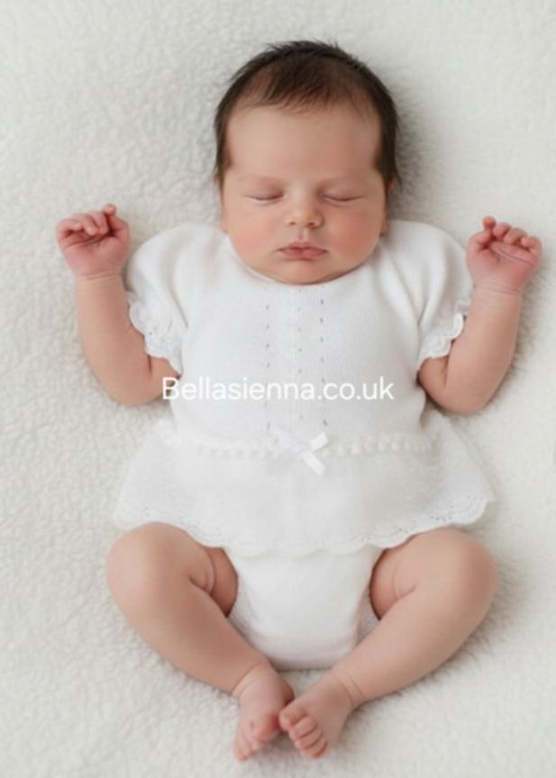 Mac Ilusion White Two Piece Baby Girl White Fine Knitted Outfit with lace 7226X