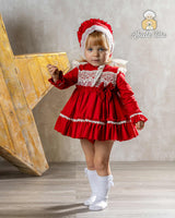 Abuela Tata Red & Cream Dress, Pants & Bonnet Set - 1299397
