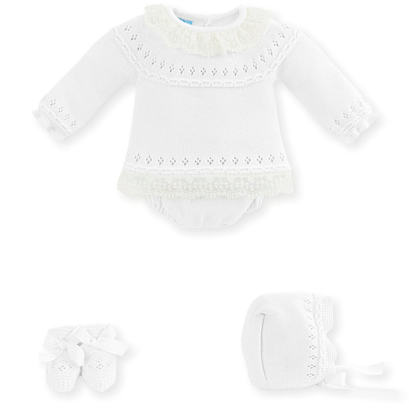 Mac Ilusion 4 Piece Baby Girl Newborn White Fine Knitted  Outfit 7629X