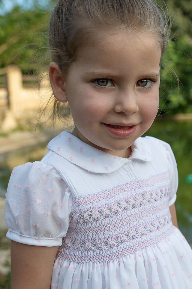 Naxos White, Pink & Lilac Pastel Hand Smocked Dress - 7725
