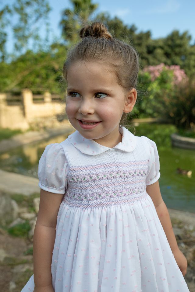 Naxos White, Pink & Lilac Pastel Hand Smocked Dress - 7725