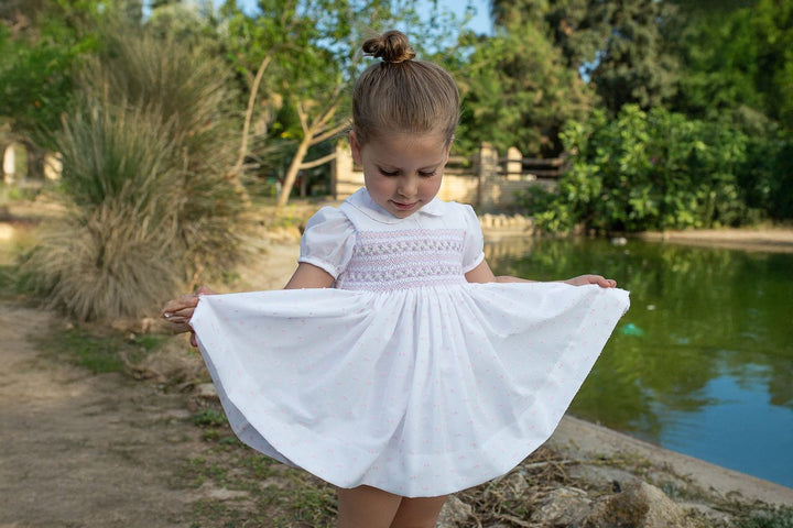 Naxos White, Pink & Lilac Pastel Hand Smocked Dress - 7725